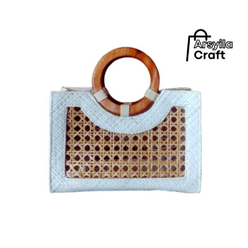 Tas Anyaman Pandan Natural Handle Kayu Handbag Etnik Bali Hampers Keranjang Mix Bambu