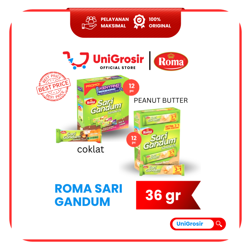 [UniGrosir] ROMA SARI GANDUM BISKUIT SUSU COKELAT PEANUT BOX COKLAT SANDWICH ~ 38.5 gr X 12 pcs