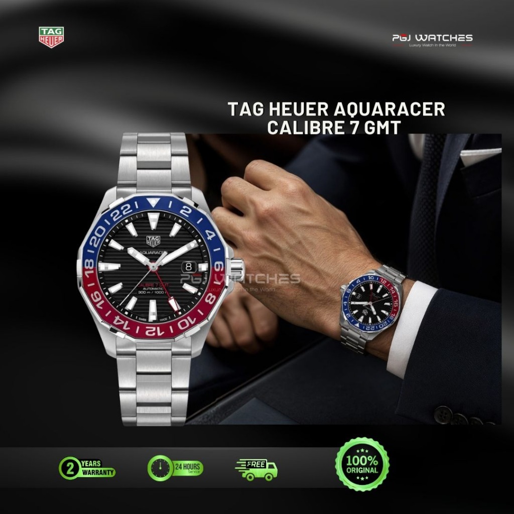 TAG HEUER Aquaracer Calibre 7 GMT Pepsi Bezel Black Dial Stainless Steel 43mm Automatic - WAY201F.BA