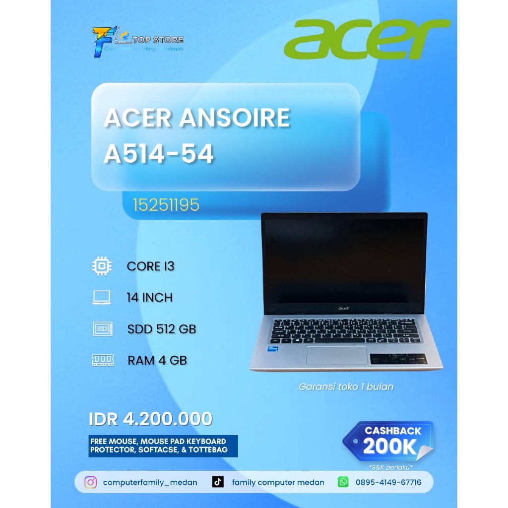 LAPTOP ACER ASPIRE A514-54 CORE I3 GEN 11 RAM 4 GB SSD 512 GB