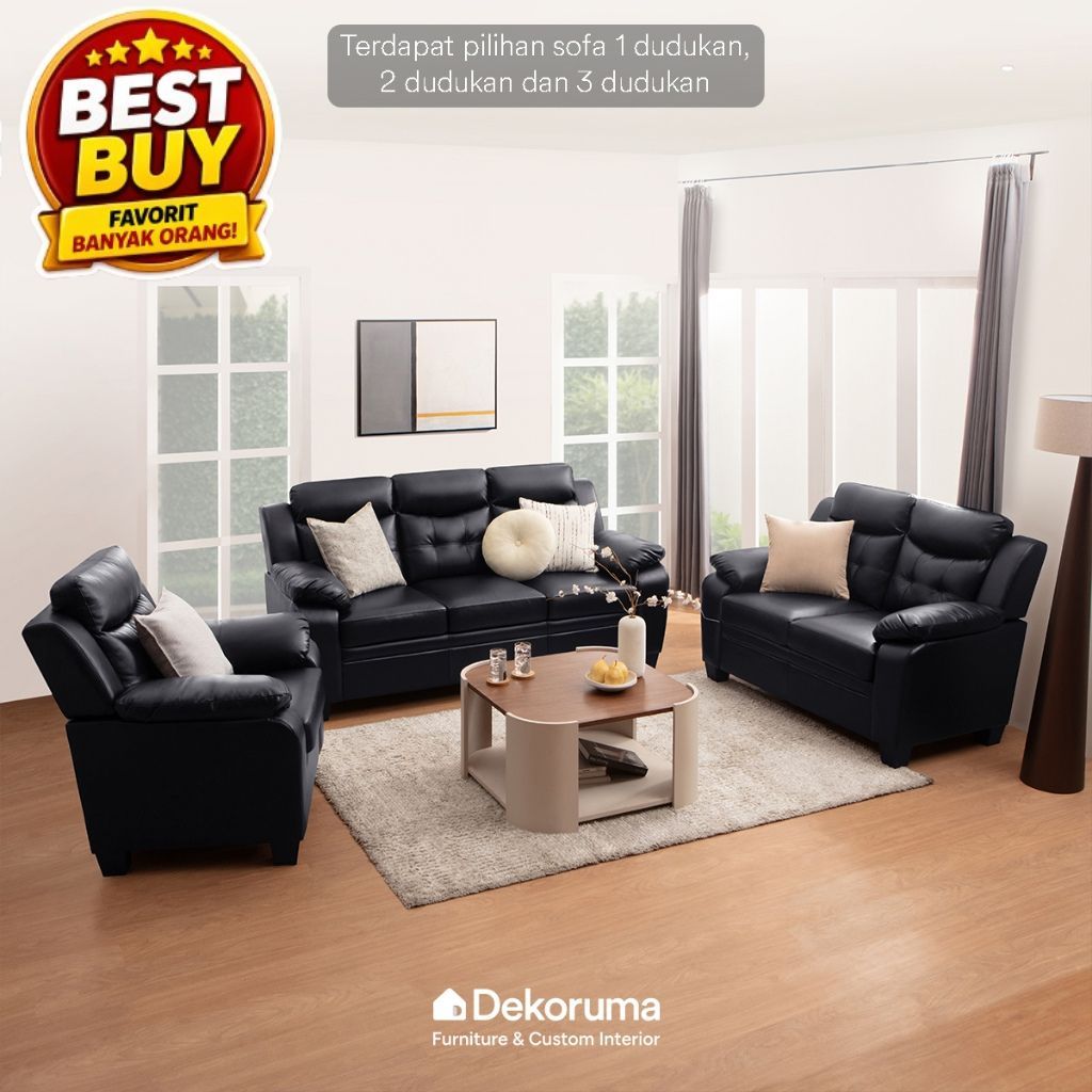 Dekoruma IZAYA Sofa Dudukan Kulit / Sofa Kulit Ruang Tamu / Sofa Keluarga - Hitam