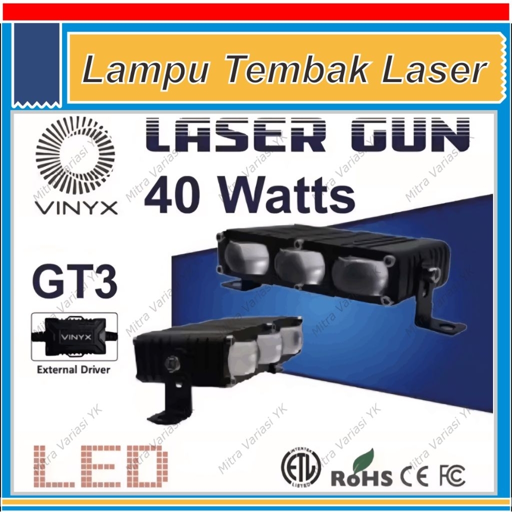 VINYX GT3 LAMPU LED LASER GUN 40 WATT LAMPU TEMBAK JARAK JAUH FOGLAMP MOTOR MOBIL FLAT CUT OFF