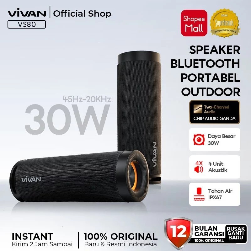 Speaker Bluetooth VIVAN VS80 30W Hi-Fi IP67 Waterproof Outdoor Black