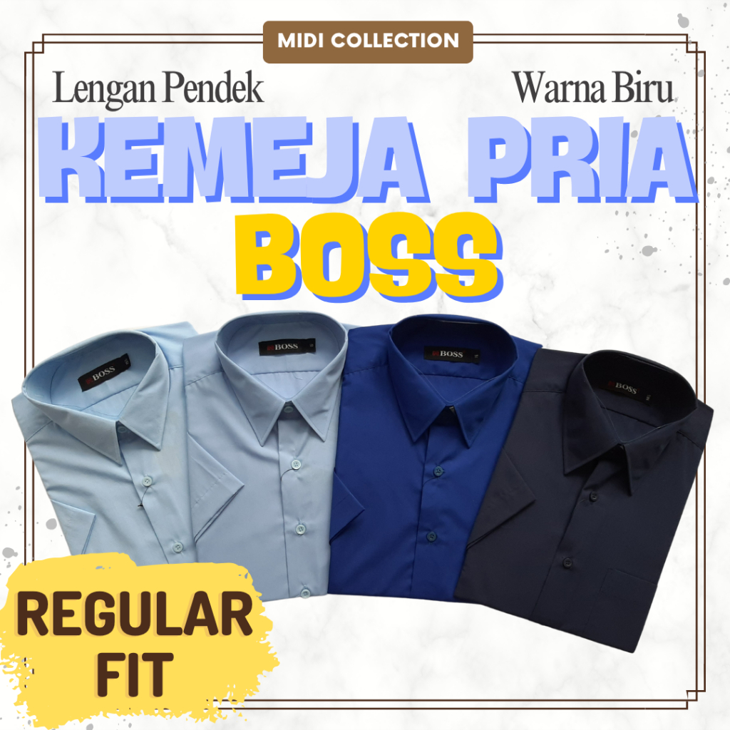 Kemeja Kerja Pria BOSS Original Lengan Pendek Formal & Casual - Warna BIRU Size XS-XL