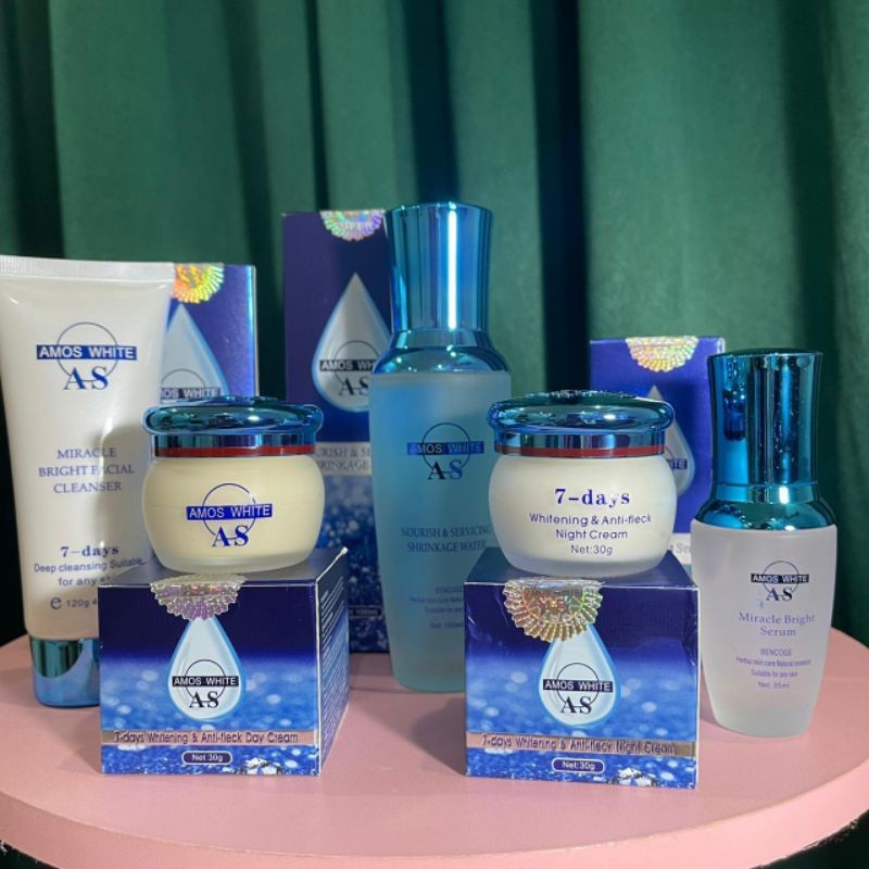 (ECERAN) Amos White Paket Perawatan Wajah 7 Hari (Day Cream, Night Cream, Sabun, Serum, Toner)