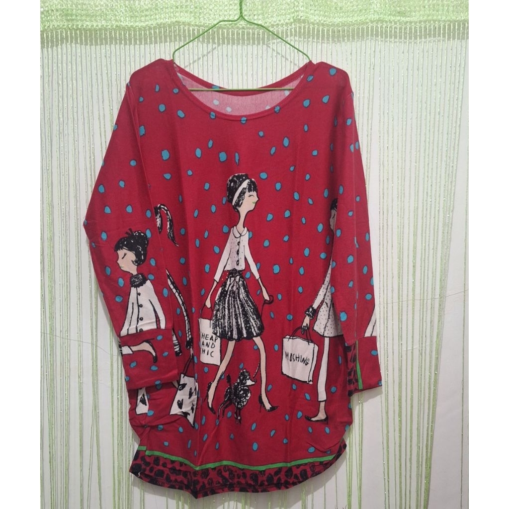 outer jacket sweater wanita jumbo merah motif gambar cewek, big size, rajut
