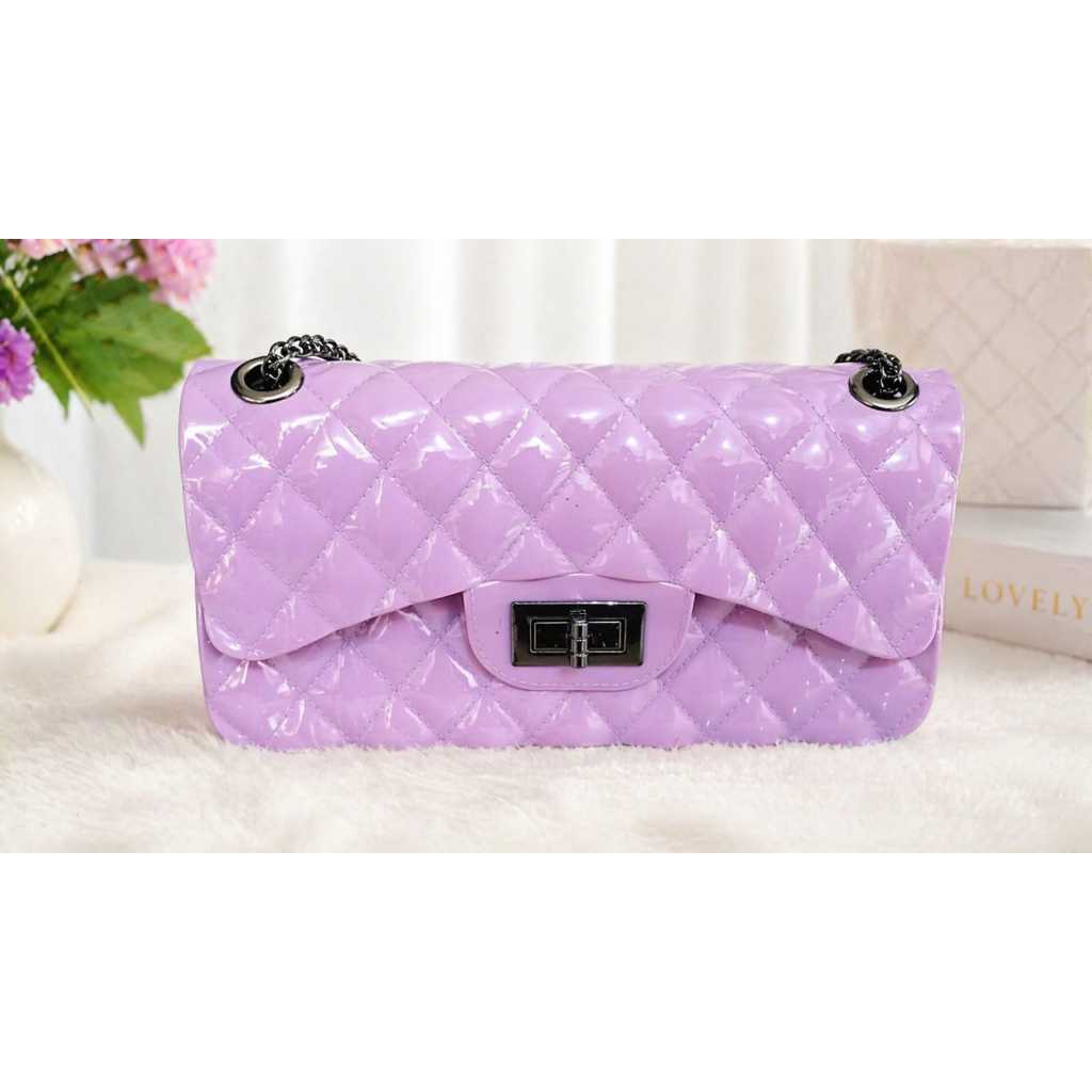 PPT001 Tas Slingbag Jelly Glossy Kecil Rantai Fashion UNGU BESAR