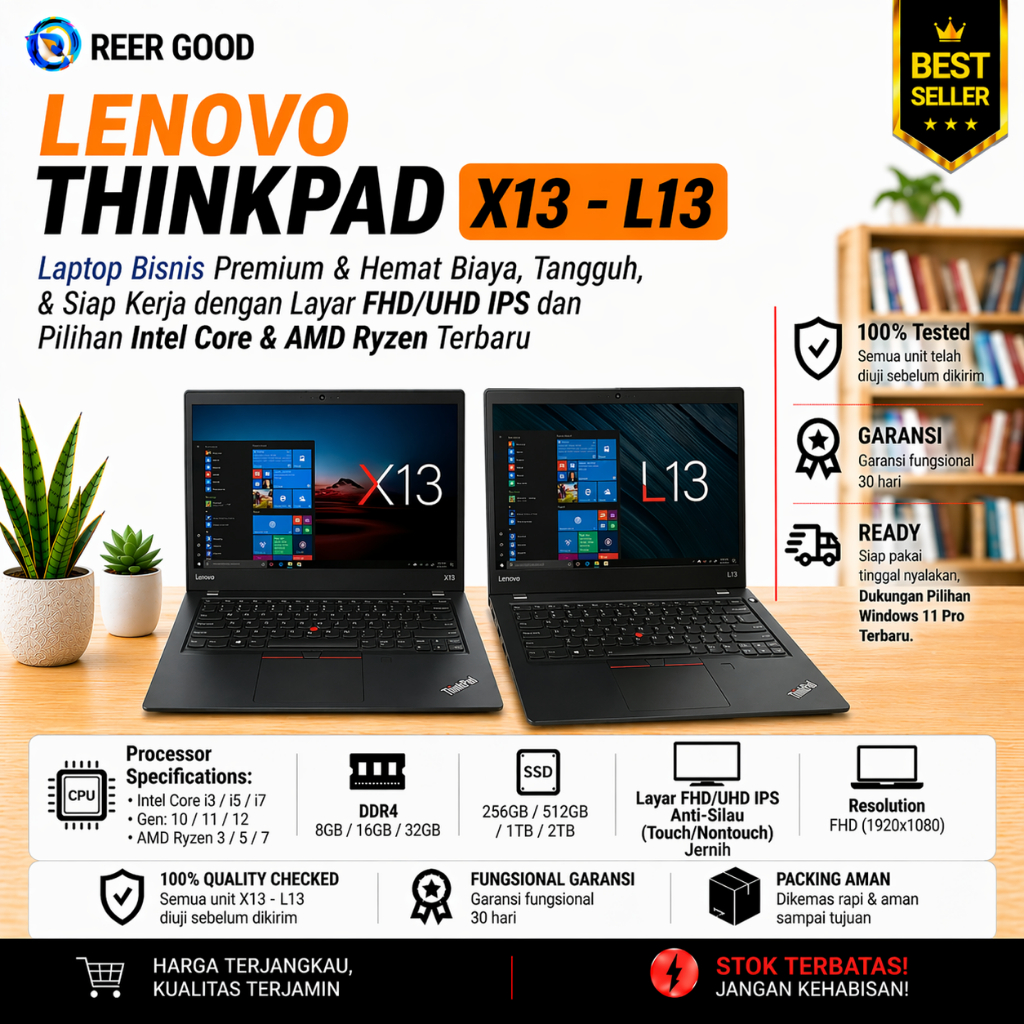 LAPTOP LENOVO THINKPAD L13 X13 GEN 1 CORE I5 GEN 10 RAM 8GB 16GB SSD SECOND BEKAS MULUS LIKE NEW BER