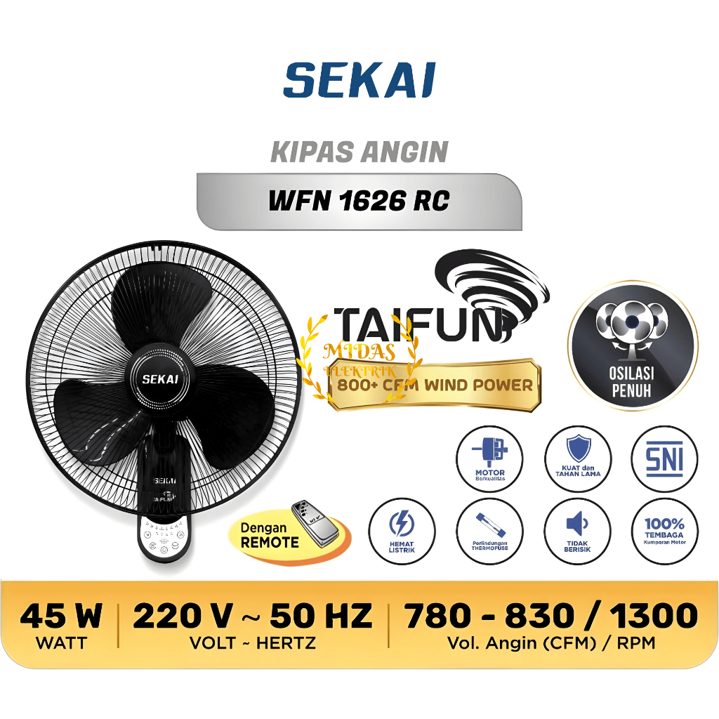 Sekai Remote Wall Fan Kipas Angin Dinding Remot WFN-1626RC 1626 WFN1626 RC WFN1626RC 16 Inch