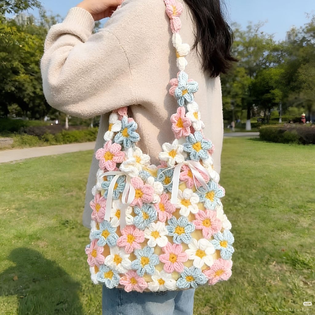 Rajut Bunga Crochet Tas Rajut Tote Bag Wanita Motif Bunga Puff Crochet Flower Bag | Crochet puff flo