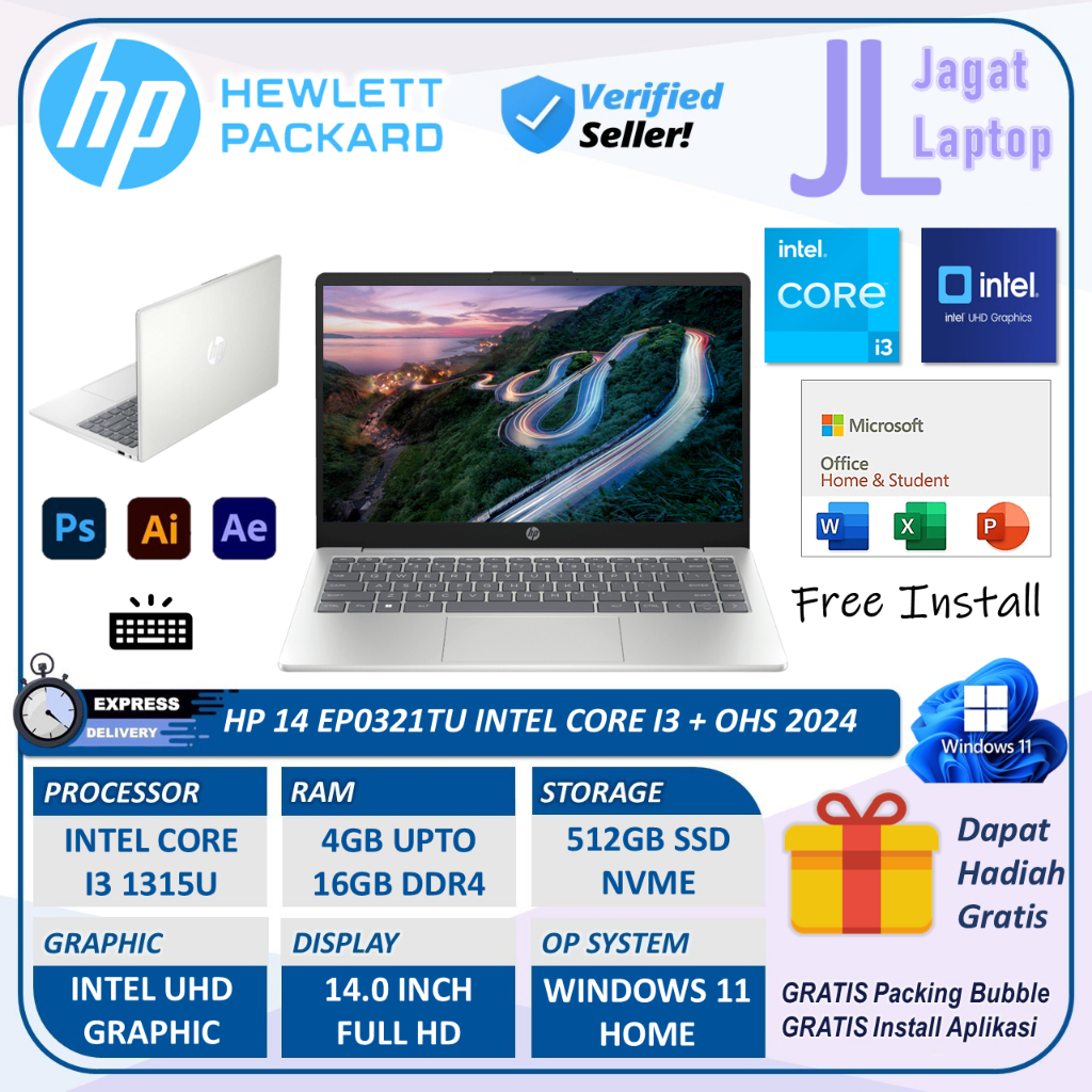 Laptop Baru HP 14 EP0321TU Intel Core i3 16GB RAM 512GB SSD Full HD backlit keyboard Windows 11 Orig