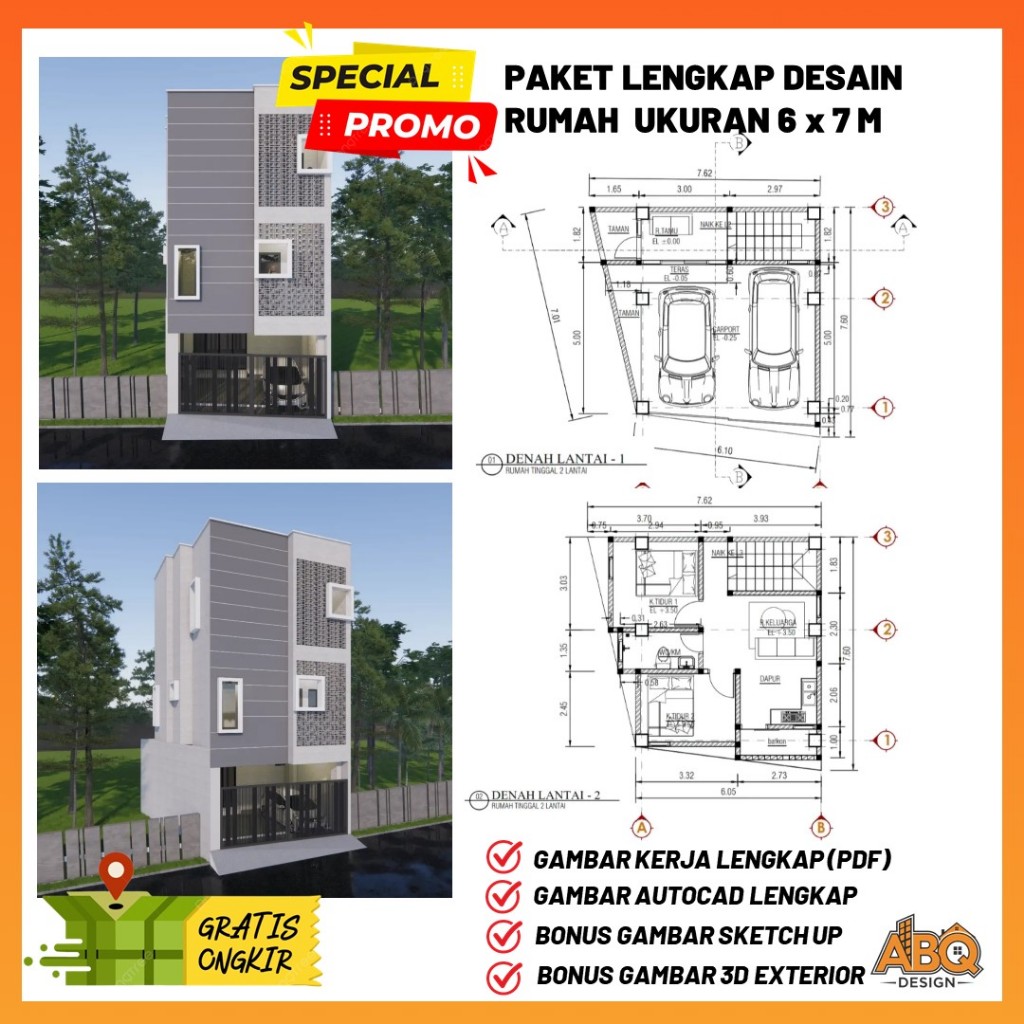 Desain Rumah  3 Lantai Ukuran 6 x 7 meter 3 Kamar Tidur