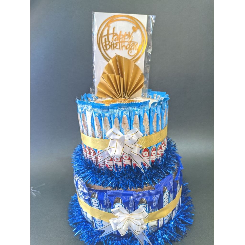 Tower snack 2 tingkat full dekorasi warna biru ulang tahun khitan hampers anak laki laki