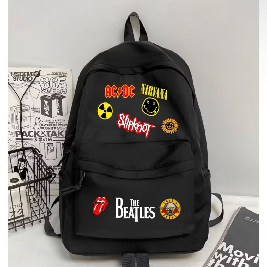 Tas Ransel Hitam Motif Band Rock AC/DC Nirvana Slipknot The Beatles – Backpack Sekolah Kuliah Pria W