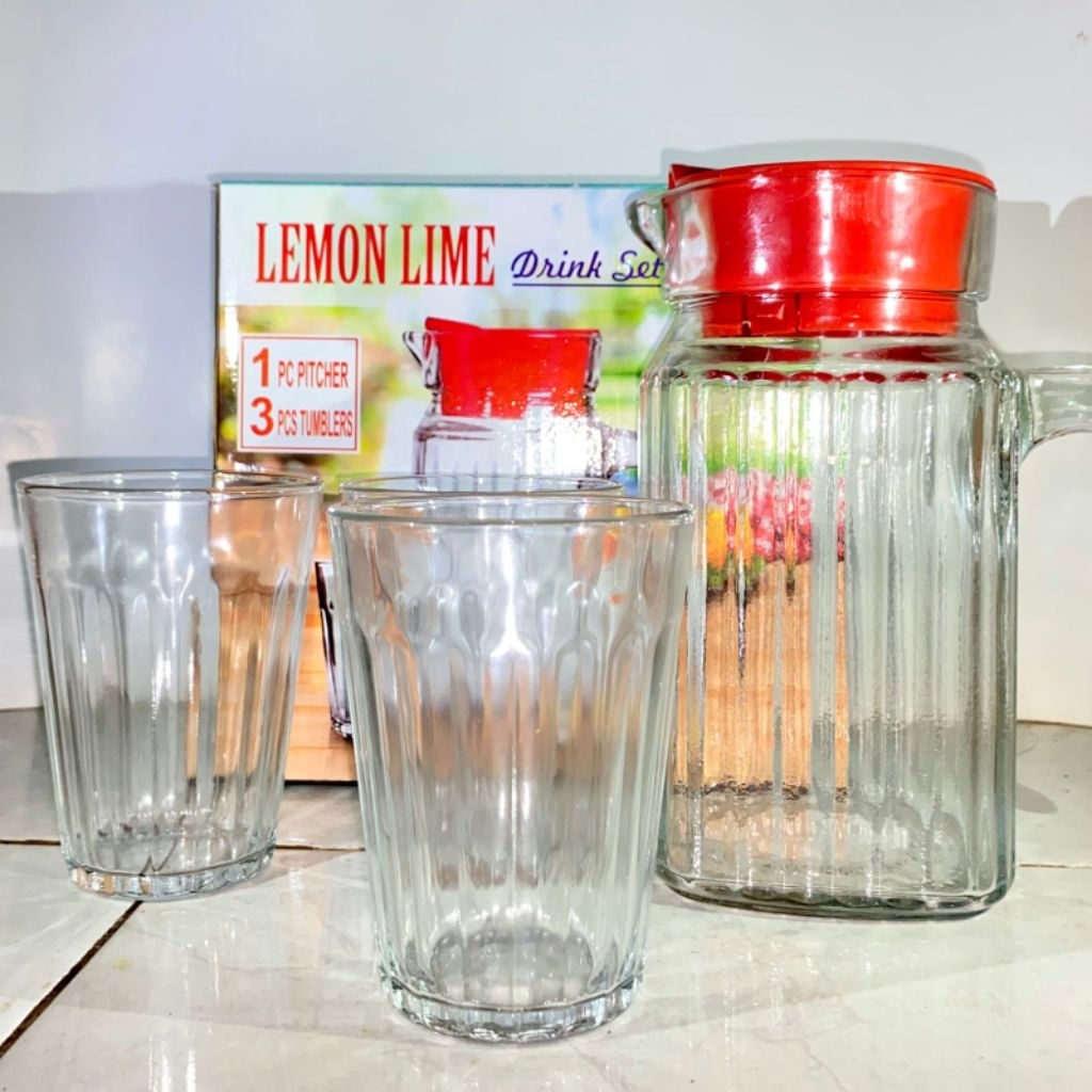 LEMON LIME DRINK SET 4 IN 1 (1 Teko Kaca Cantik dan 3 Gelas Kaca Lucu)