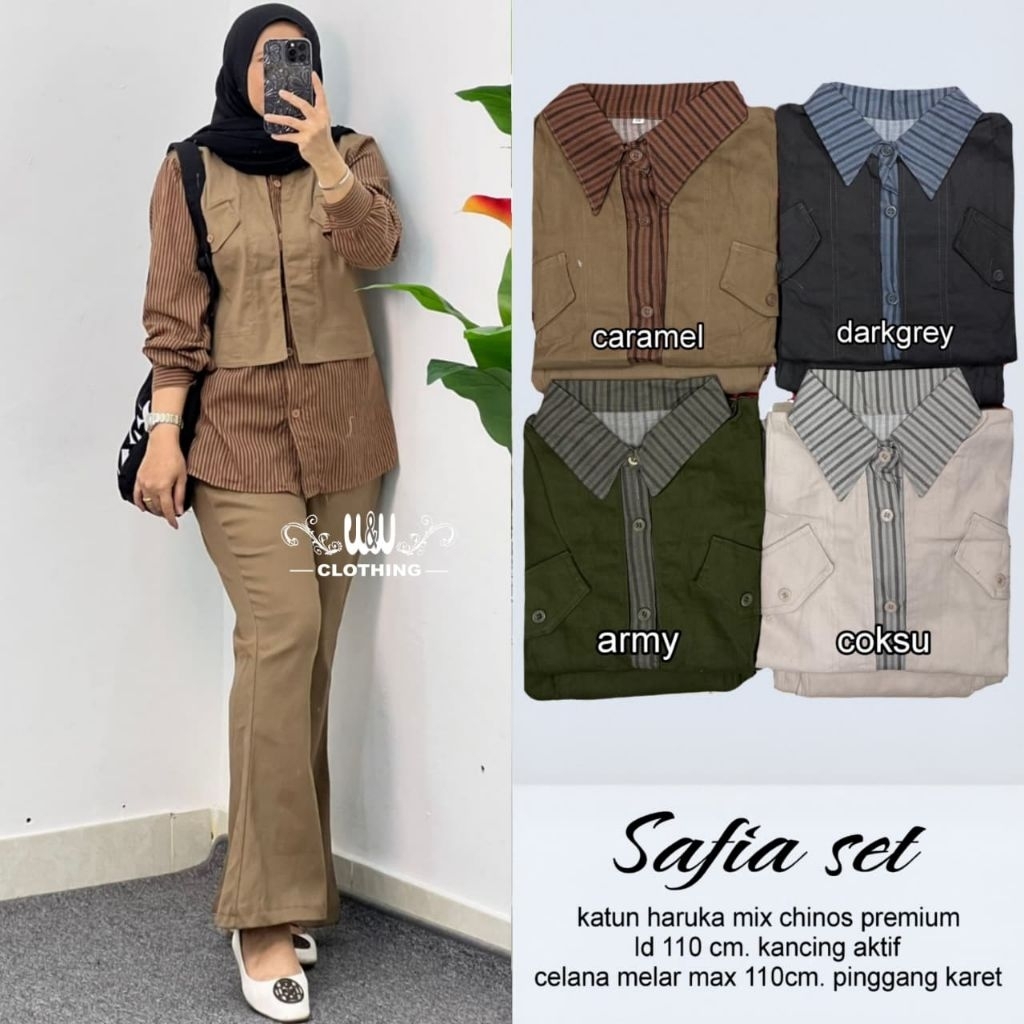 ozia safia one set celana by A.N.Y w&w kemeja stripe baju kemeja wanita one set wanita kekinian rok 