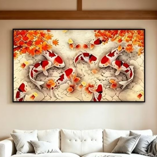 Lukisan Ikan Koi 9 Ekor Fengshui Kanvas Abstrak Minimalis Handmade - Hiasan Dinding Dekorasi Ruang T