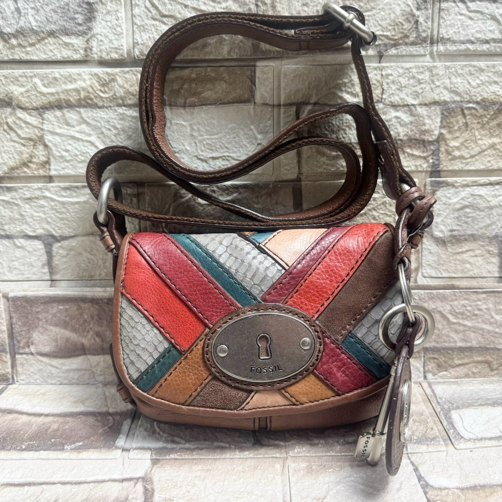 621# Preloved Fossil Maddox Mini PW Dark Patchwork