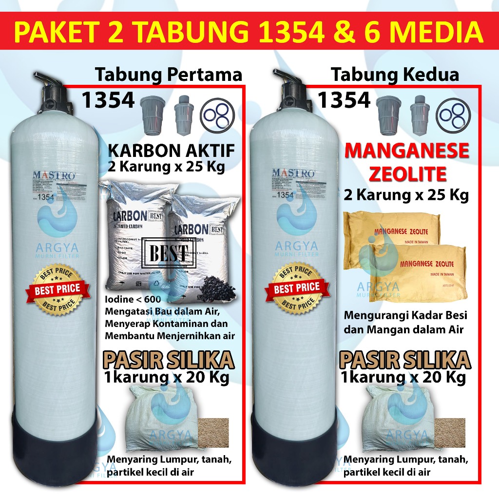 Paket 2 Tabung Media Filter FRP 1354 + 2 Head 3 Way Valve + 2 Pasir Silika @20 Kg + 2 Activated Carb