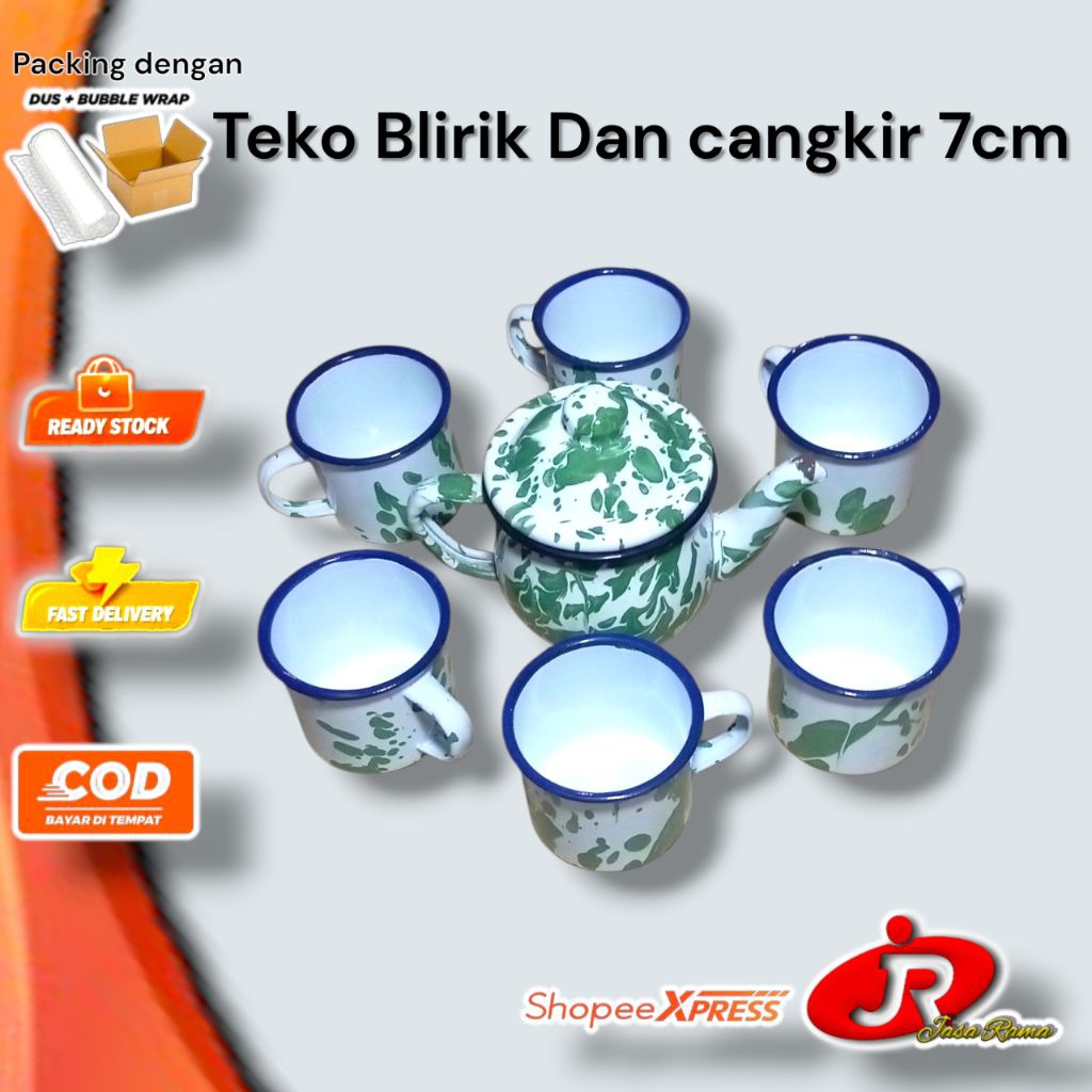 Set Cangkir Blirik 6pcs + Teko Blirik 12cm | Set Gelas Seng Jadul Vintage | Cangkir 7cm + Teko Teh K