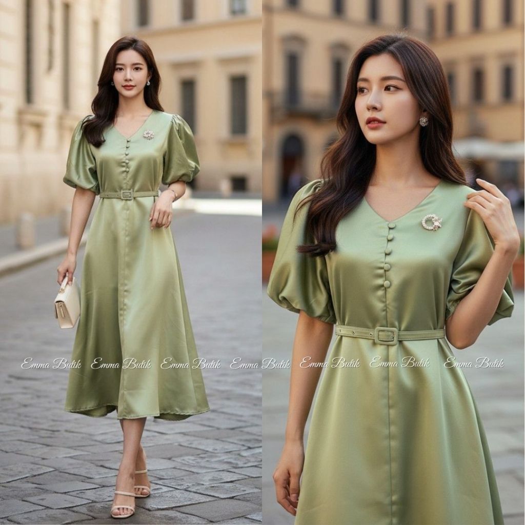 Emma.Butik E00138 Gaun Pesta Formal Satin Lengan Baloon Pendek Elegan Dress Midi Gereja Wanita Polos