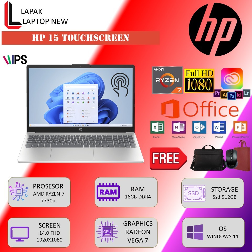 Laptop Touchscreen HP 15 AMD RYZEN 7 7730U Ryzen 5 7520U Ram 64gb 1TB FHD IPS original terlaris