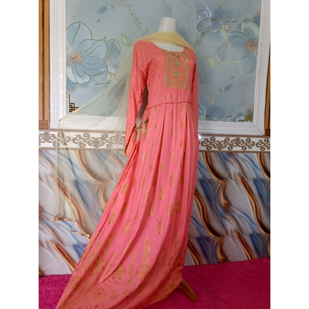 BAJU INDIA/ LONG ANARKALI KATUN RAYON SET SELENDANG/ ADEM CANTIK