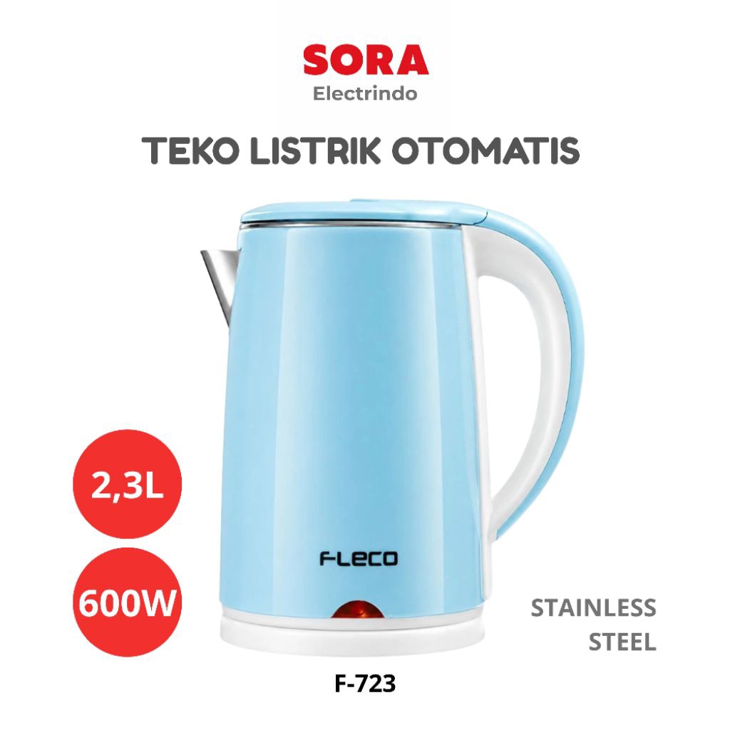 Teko Listrik Pemanas Air Otomatis Mati Sesndiri 2 Liter 2/2,3 L Fleco F723 Biru 600 Watt Stainless S