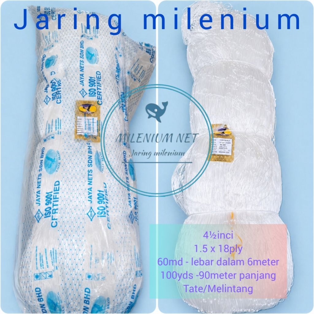 jaring milenium/jaring pintal/jaring ply/4½inci 18ply 60md 100yds tate