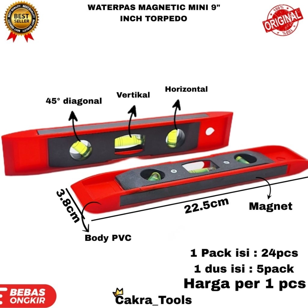 WATERPASS MAGNET MINI 9" INCH / TORPEDO  PENGGARIS AIR MISTAR TIMBANG 22.5 CM PRESISI