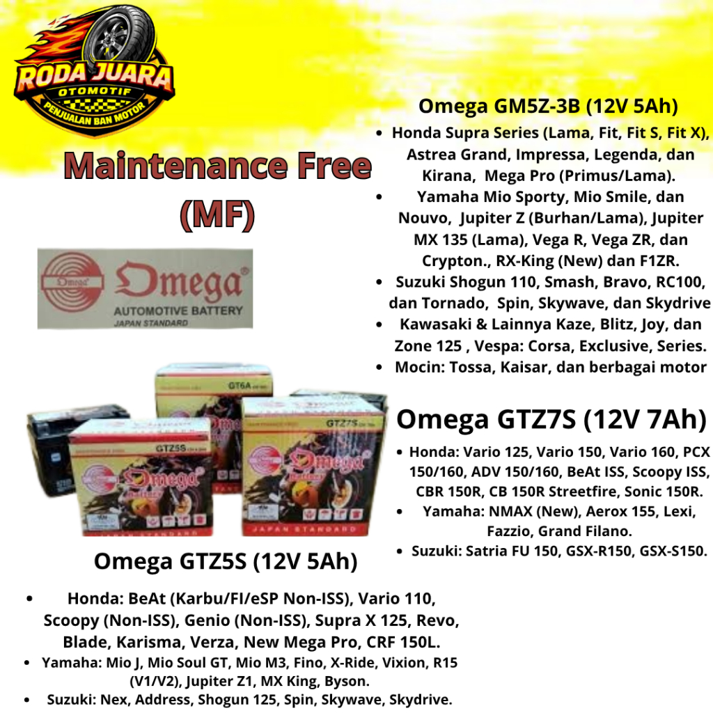 Aki Motor Omega GTZ5S GM5Z-3B GTZ6S Aki Kering Maintenance Free 12V