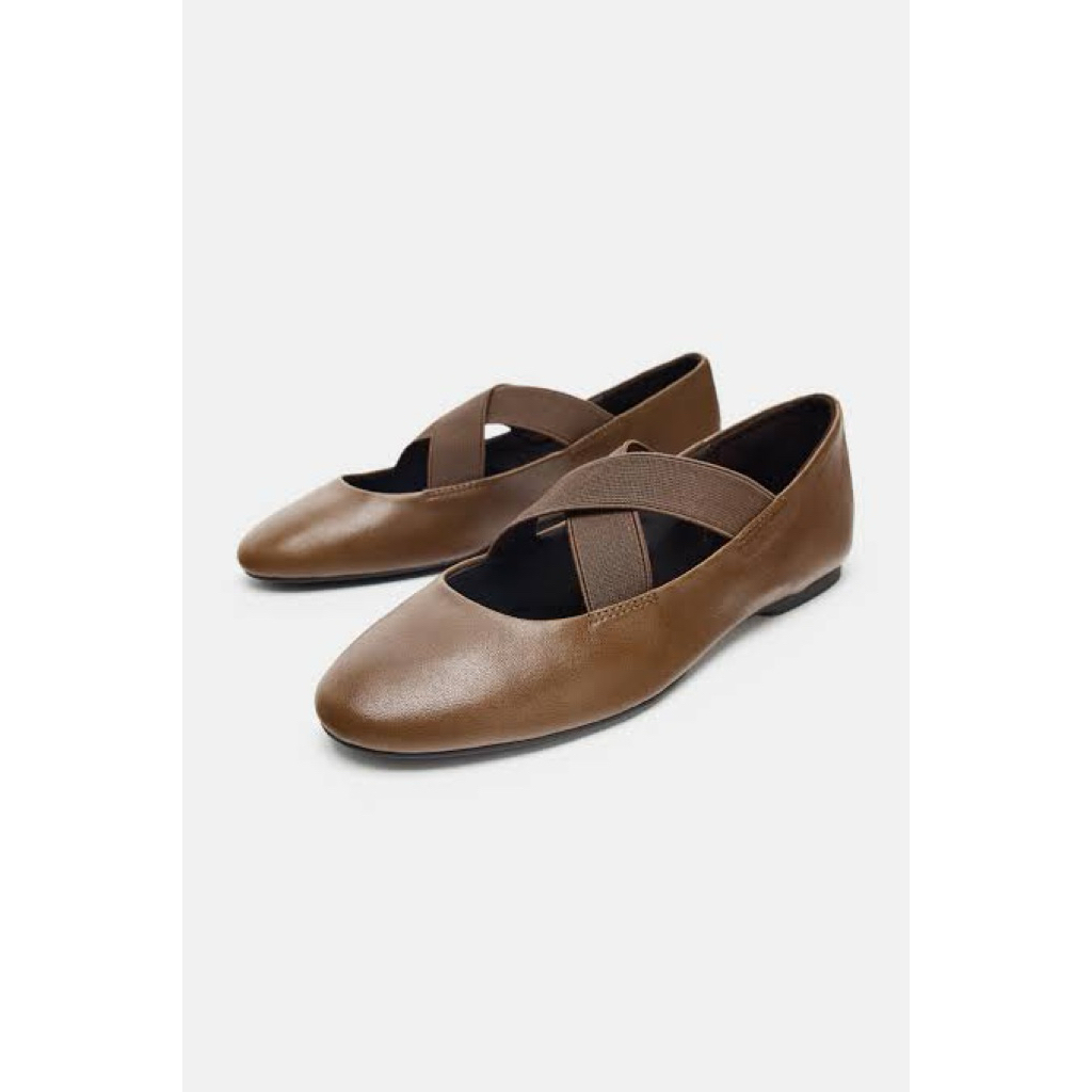 Zara Ballet Crossed Flatshoes Sepatu Kulit Leather