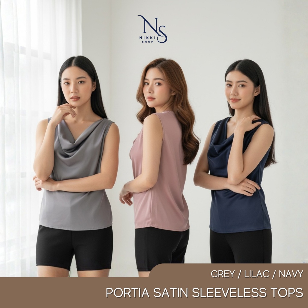 Portia Satin Sleeveless Cowl Neck Draped Blouse Top Baju Atasan Wanita Elegan Minimalis Simple Chic 