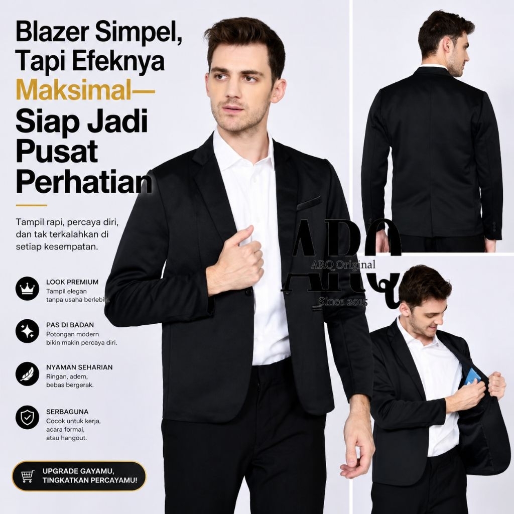 Jas Blazer Pria Slim Fit Model Gaya Casual Wisuda Pernikahan Warna Hitam Polos Kancing Original Prem
