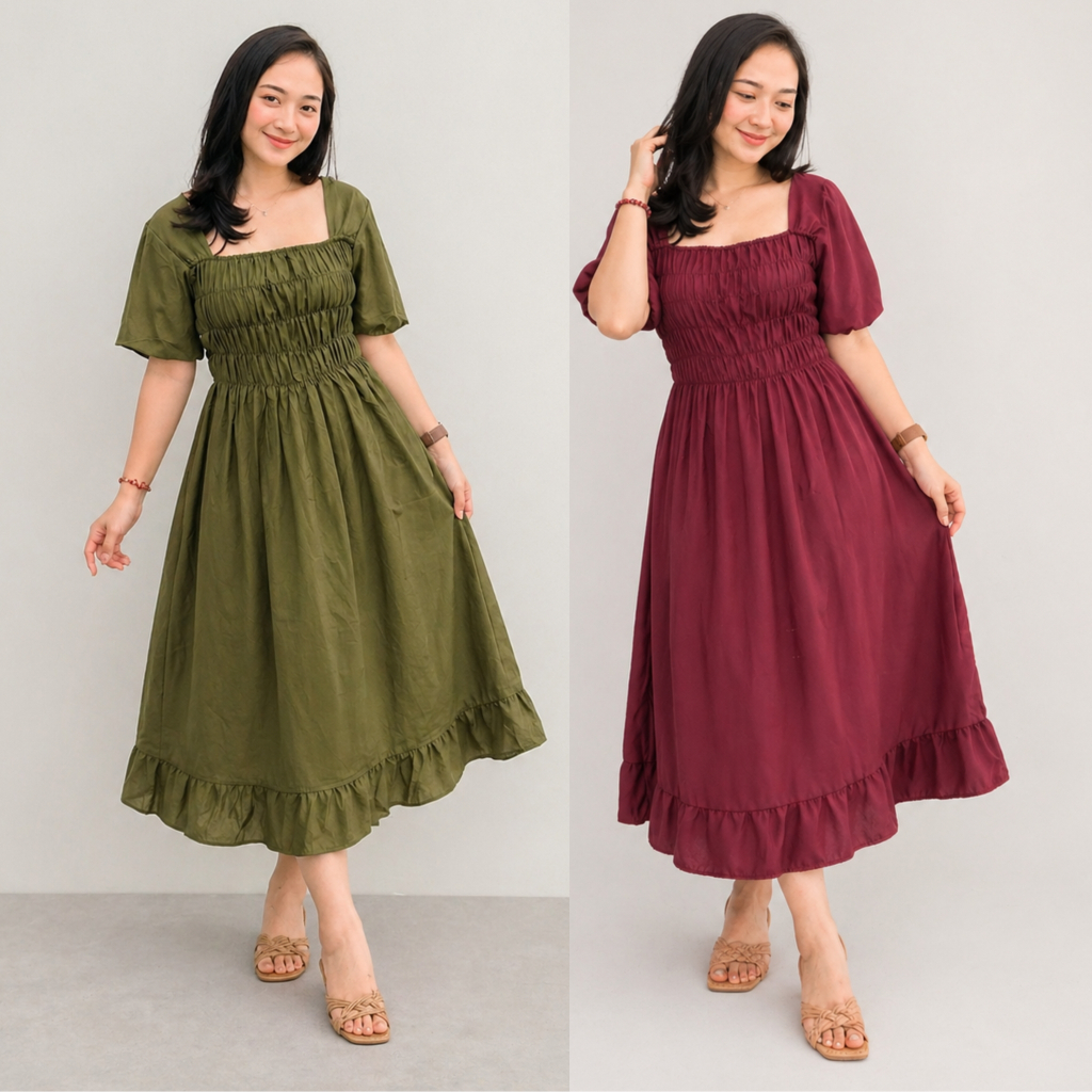 Daster Naura Elsa Smock Dress Bali Polos Pinggang Kerut Karet Serut Dada Wanita Cewek Jumbo Terbaru