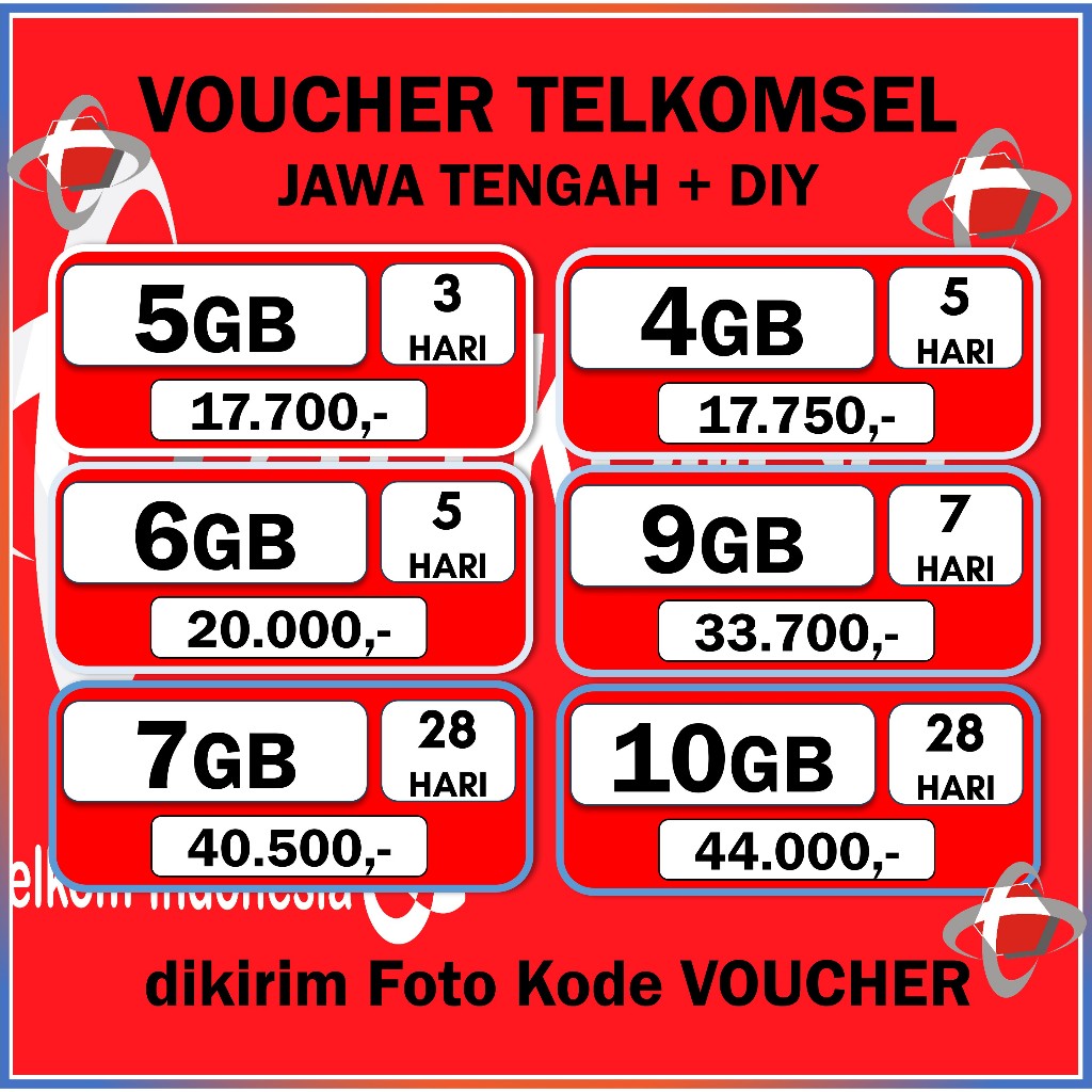 Voucher Telkomsel 5GB 4GB 6GB 9GB 7GB 10GB Jateng DIY