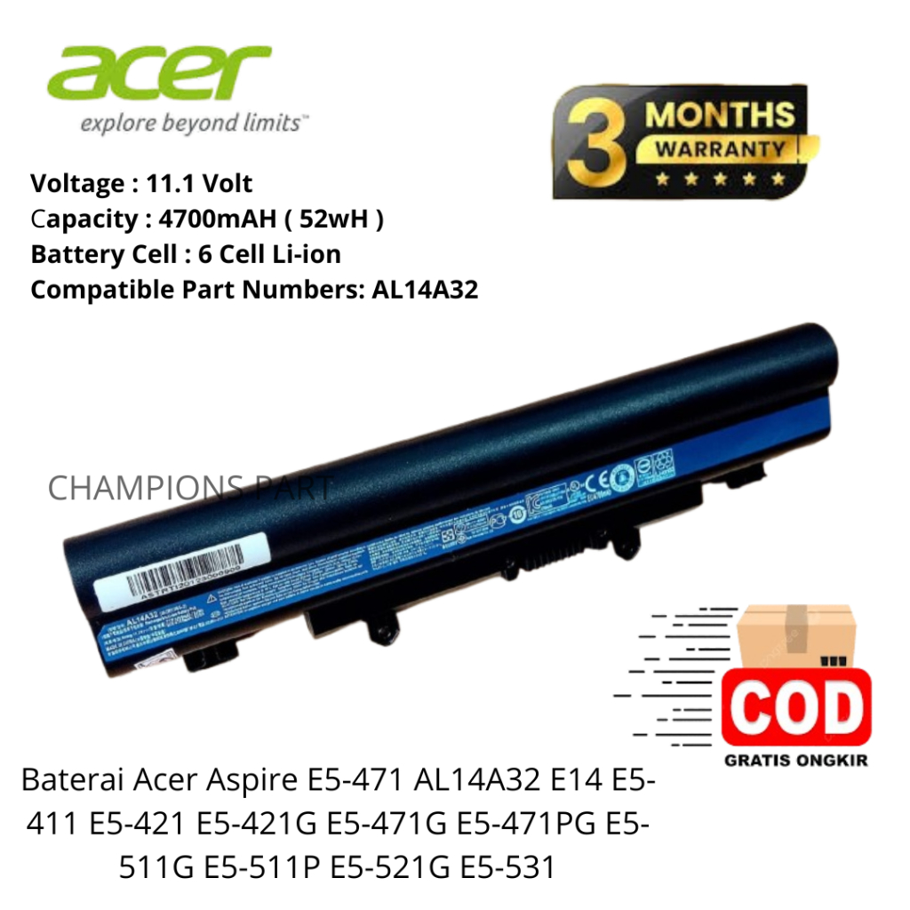 Baterai Laptop Acer Aspire E14 E15 E5-471 E5-471G E5-421 E5-411 E5-471 E5-471g E5-421 E5-411 Al14a32