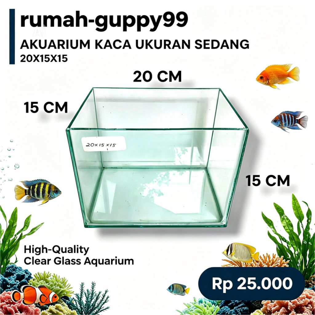 Aquarium Kaca 20x15x15 cm Full Kaca 5mm Mini Tank Ikan Cupang Guppy Aquascape Kuat Rapi