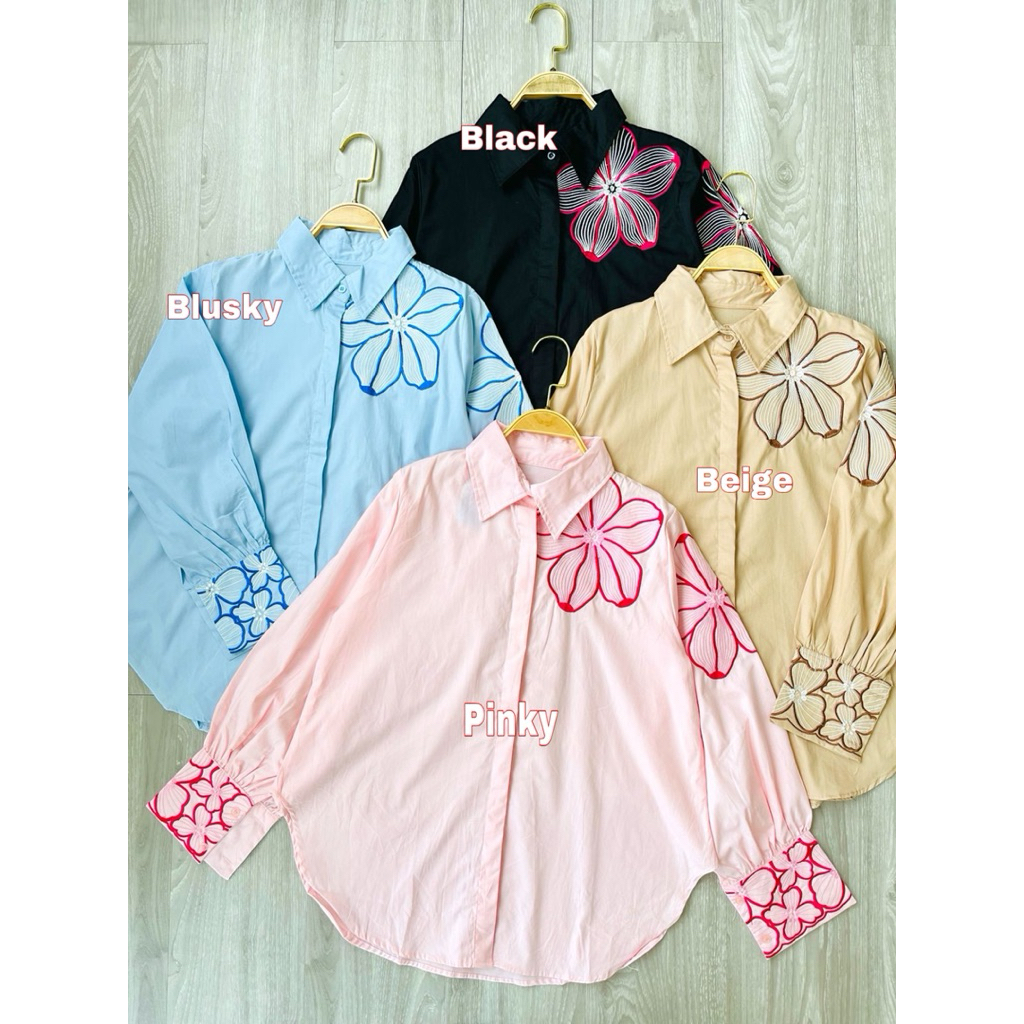KINAN LUXURY KEMEJA BORDIR BUNGA LINEN PREMIUM / kemeja bordir bunga / blouse bordir / baju bordir /