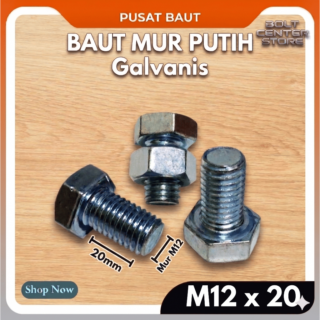 BMP M12x20 Baut Mur Putih M12 x 20 Galvanis