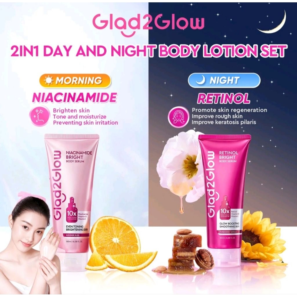 [10K EXTRA DISCOUNT] Glad2Glow 2in1 Day And Night Body Lotion Set- Niacinamide+Retinol Paket Siang M