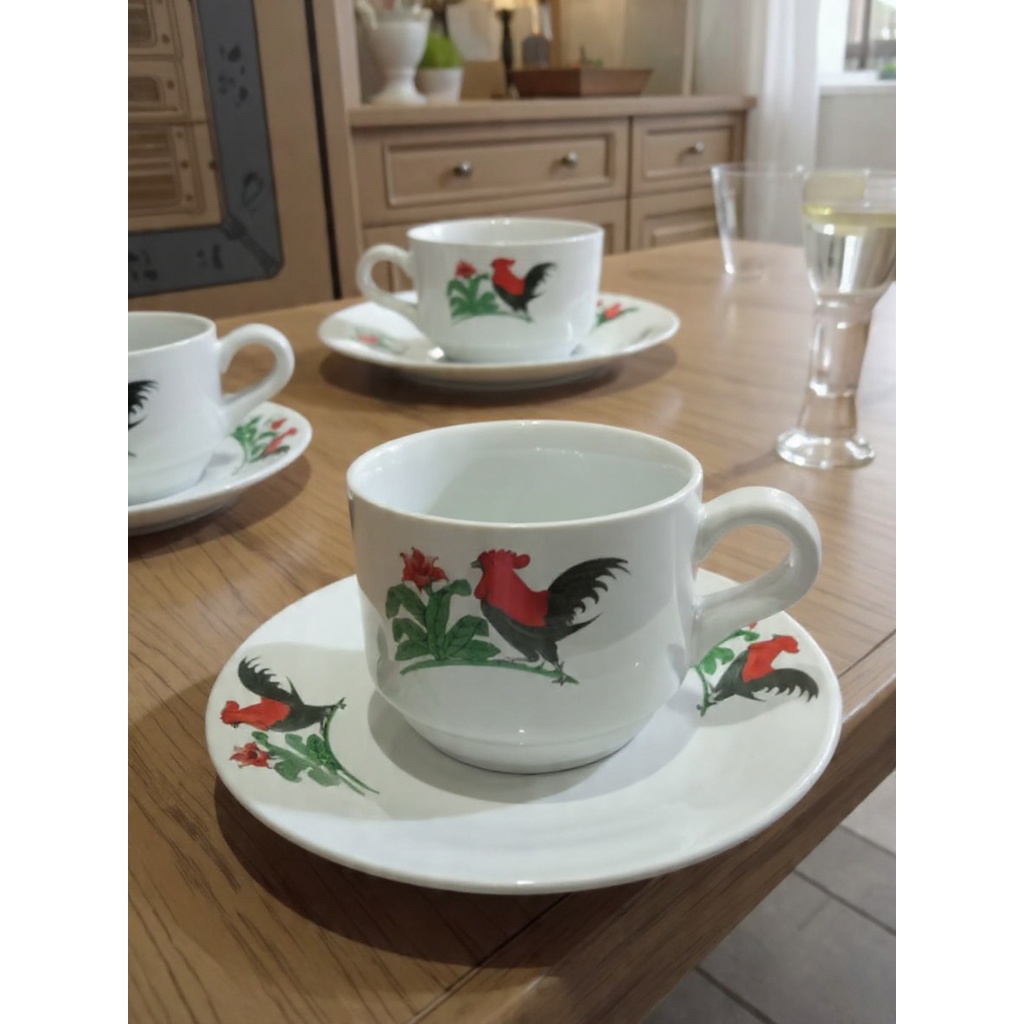 Cangkir set keramik/Cangkir kopi/gelas teh/kopi/mug tatakan motif Ayam JAGO LUCKY ASLI