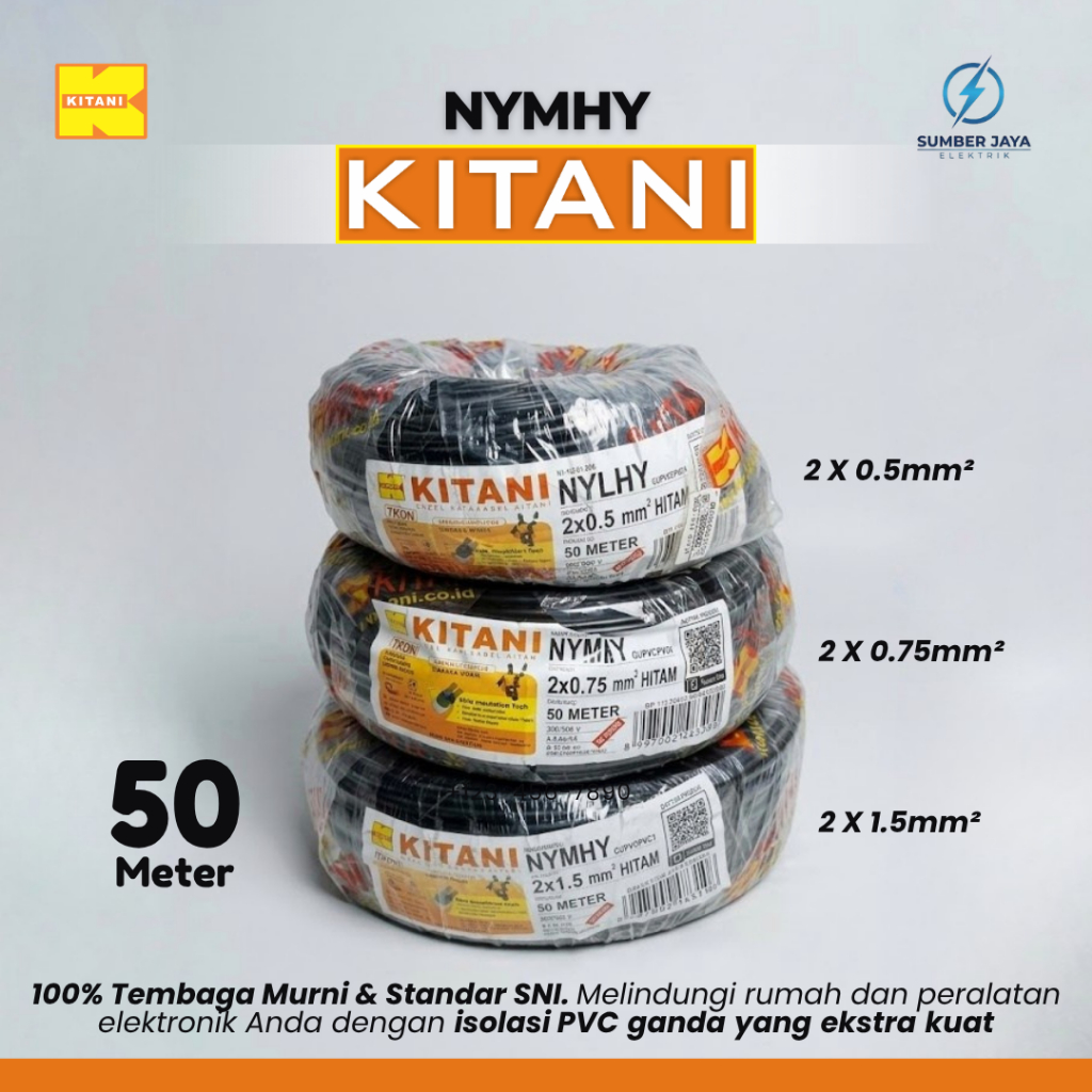 Kabel NYMHY Serabut 2x0.75mm, 2x1.5mm,2x2.5mm Kitani per Meter