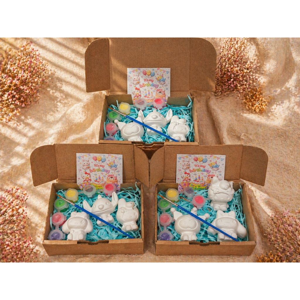 Souvenir Ulang Tahun Anak DIY Lukis Gipsum – Paket Melukis Karakter Lucu (isi 15 box Gipsum Souvenir