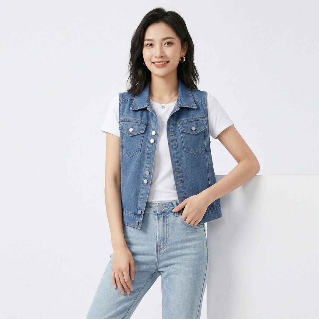 YUSHU - Rompi Jeans Wanita Casual Korea – Outer Denim Tanpa Lengan Stylish