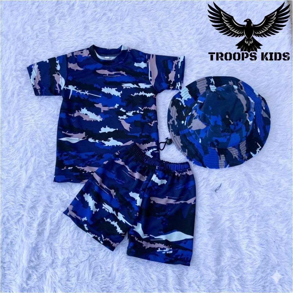 Setelan Baju Loreng Anak Biru Navy 3-in-1 - Kaos Tentara Anak + Topi Rimba - Motif Navy Seal / TNI A