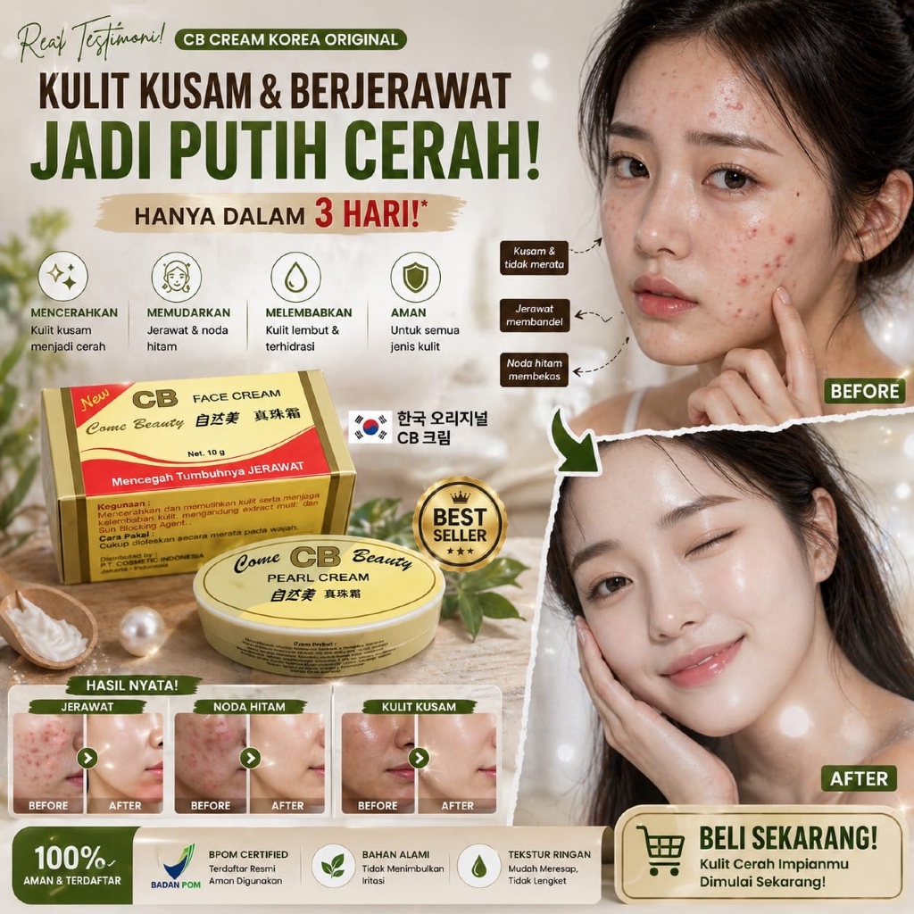 CREAM PENCERAH WAJAH KRIM PEMUTIH WAJAH PENGHILANG FLEK JERAWAT - CB CREAM KOREA ORIGINAL