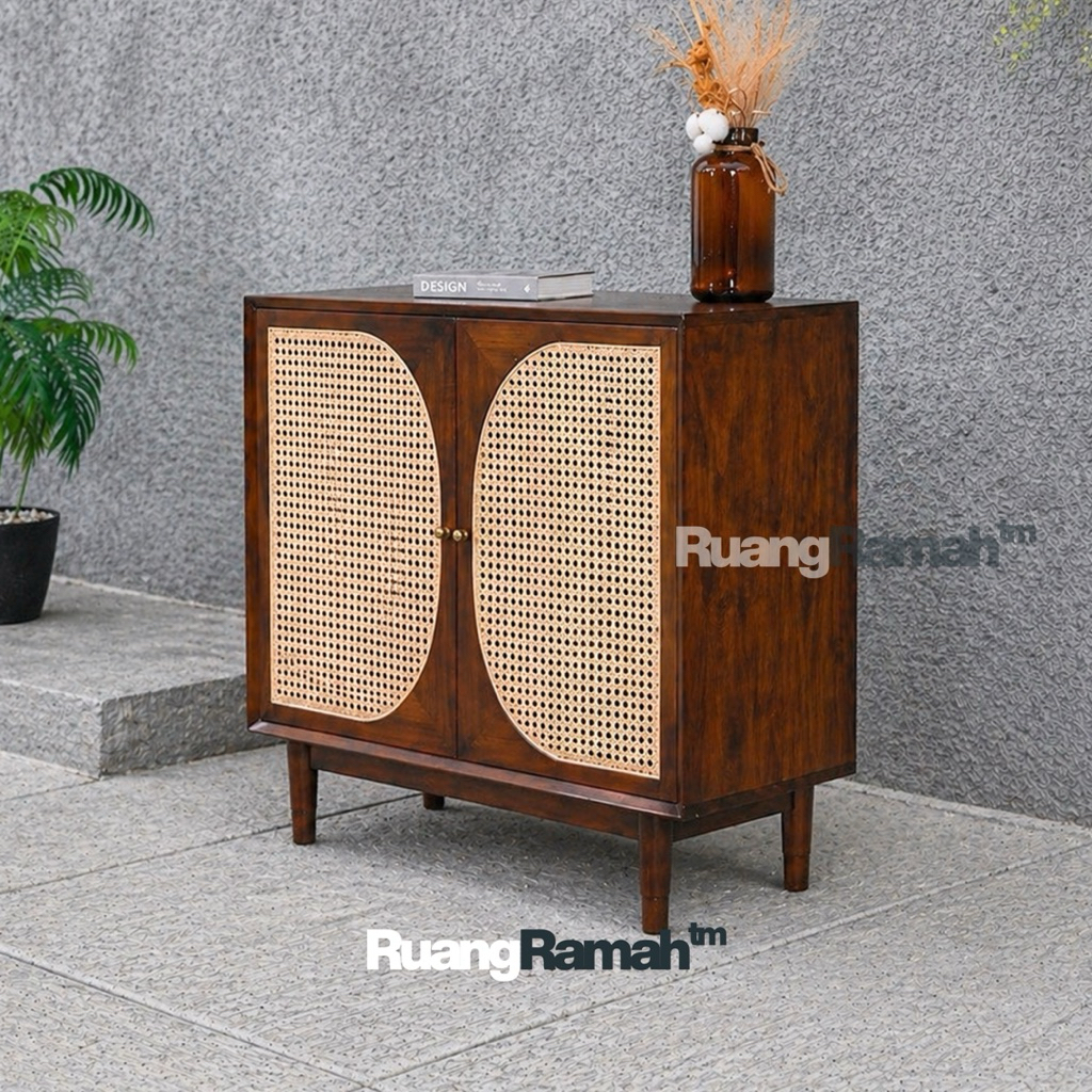 Lemari Kabinet Rotan Japandi | Sideboard Kayu Jati Minimalis | Meja Konsol Aesthetic Retro | Rak Pen