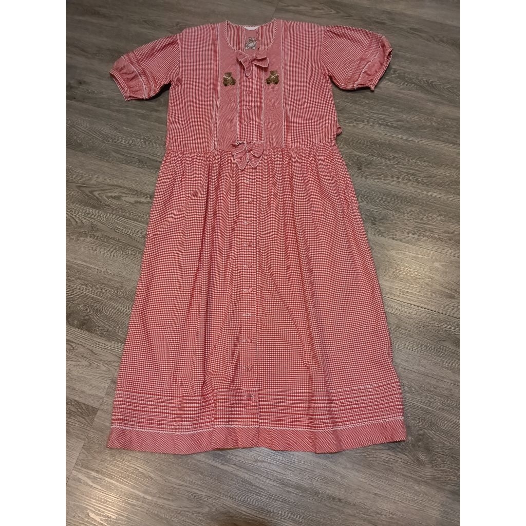 Pink House Gingham Check Short-Sleeved Dress With Bear Embroidery