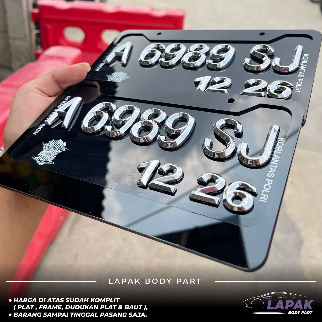 plat Nomor Custom + Frame Huruf Angka 3D Chrome Akrilik + Gratis Dudukan Plat 21x12 cm